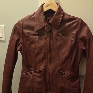 Elegant Women's Leather Jacket in Rich Red Brown